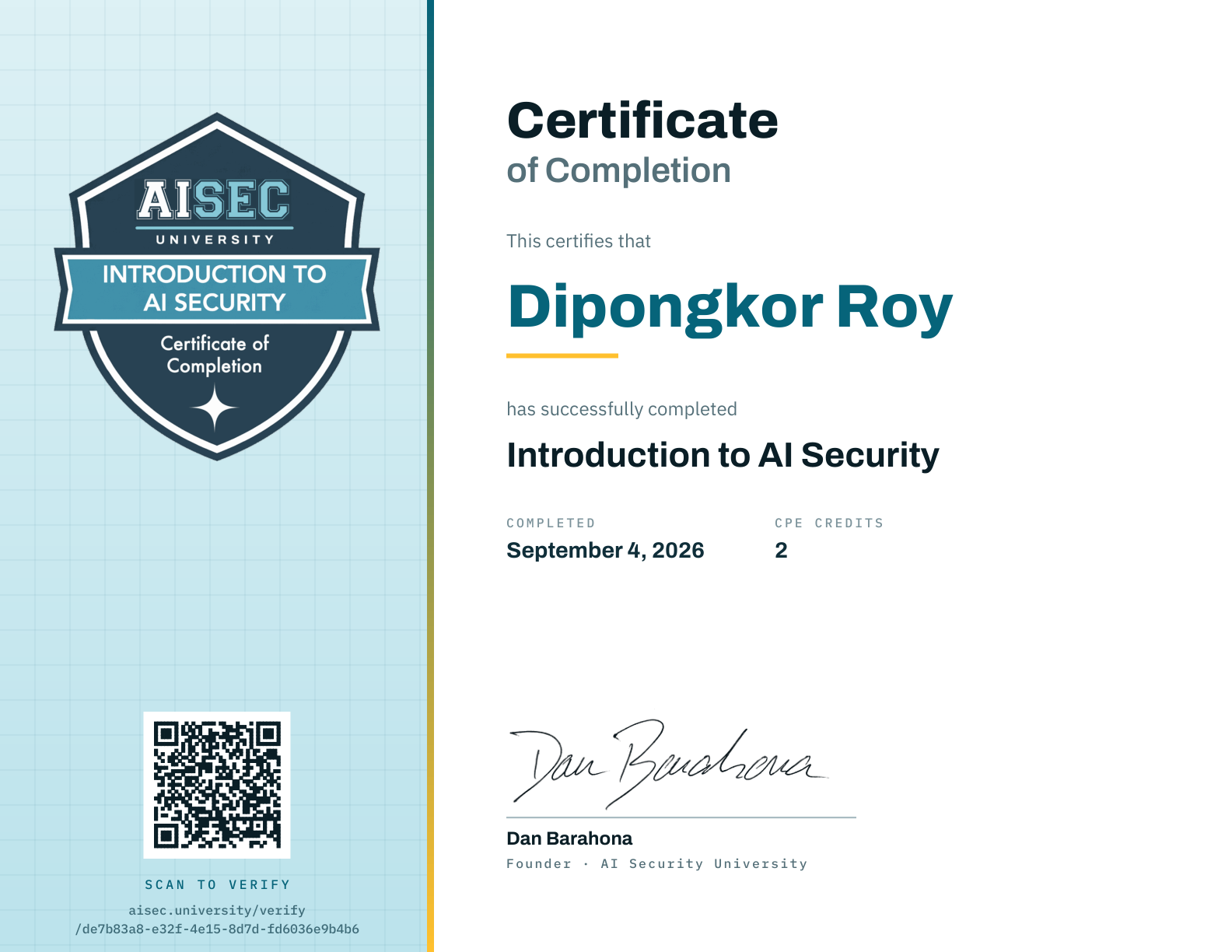 Introduction to AI Security certificate issued by AI Security University