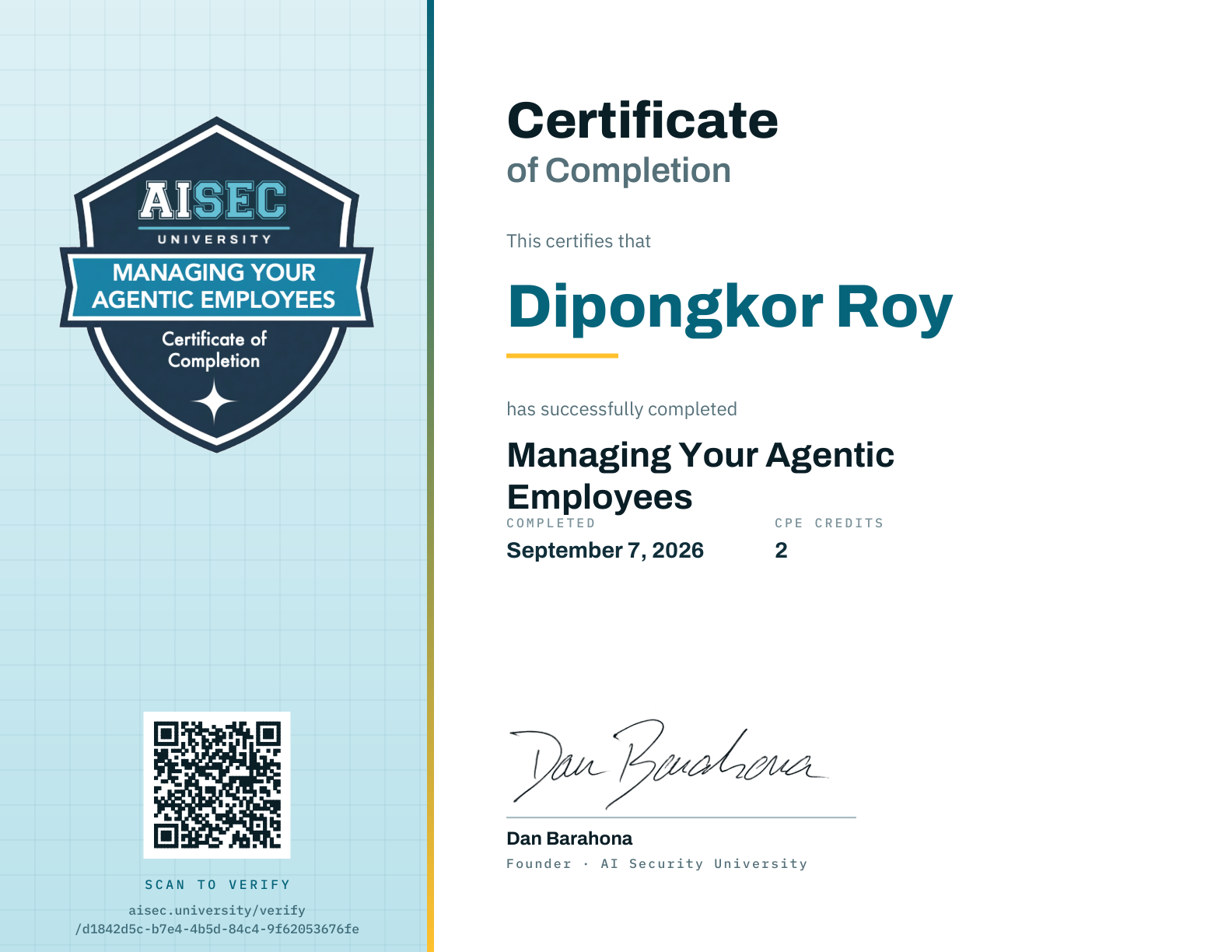 Managing Your Agentic Employees certificate issued by AI Security University
