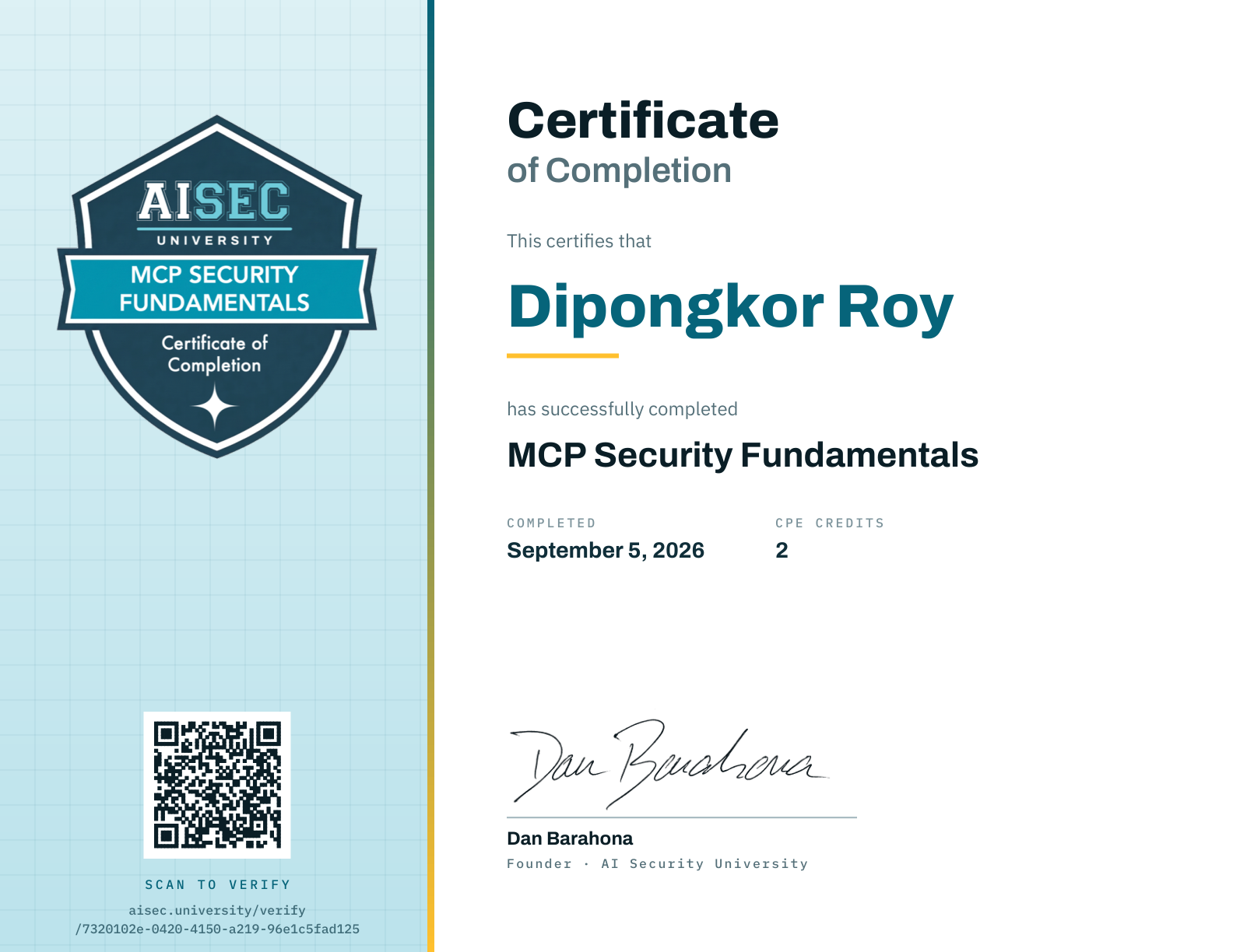 MCP Security Fundamentals certificate issued by AI Security University