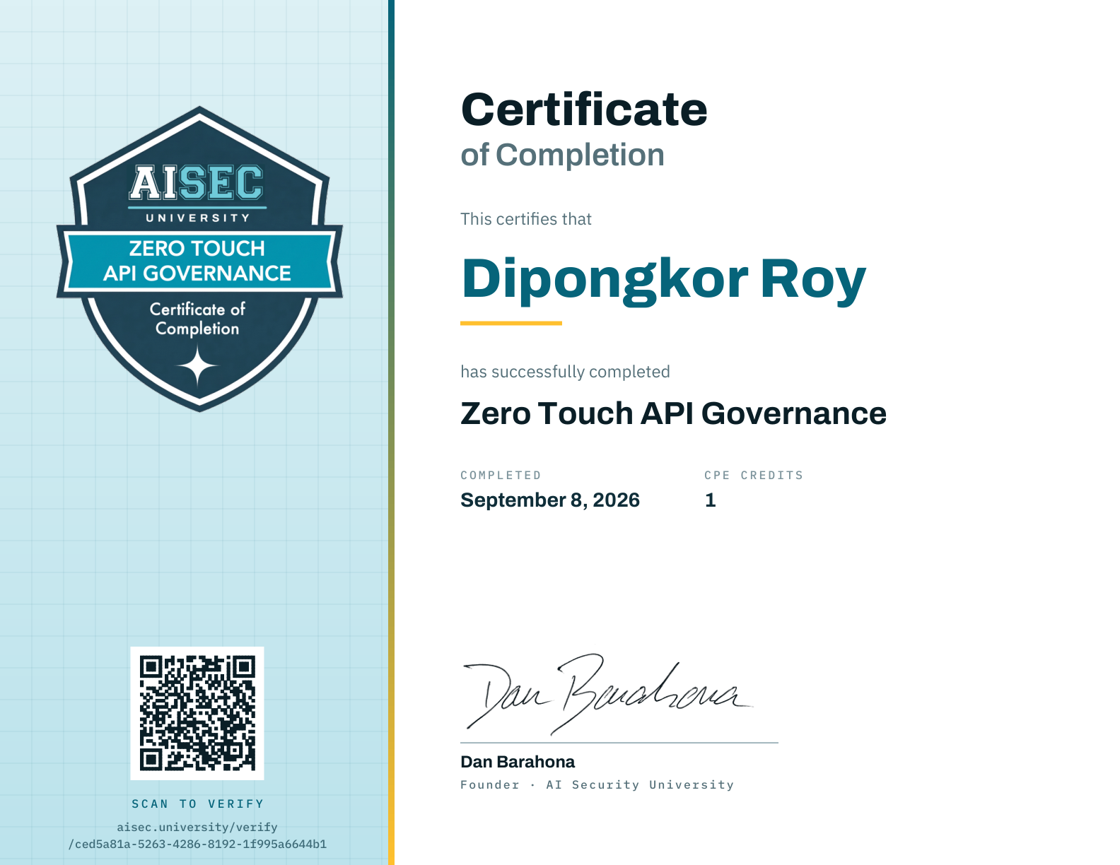 Zero Touch API Governance certificate issued by AI Security University