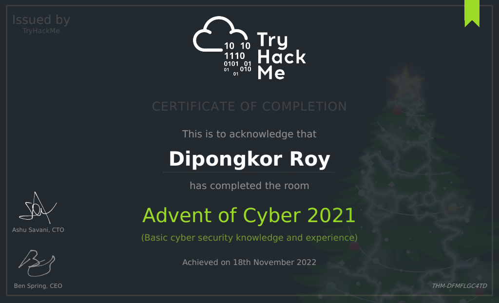 Advent of Cyber 2021 certificate issued by TryHackMe