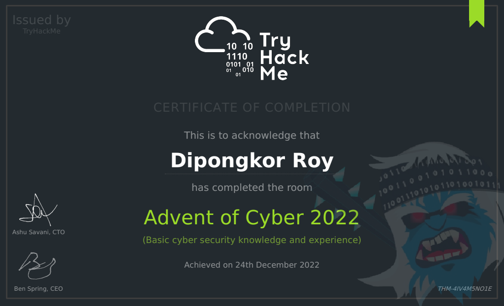 Advent of Cyber 2022 certificate issued by TryHackMe