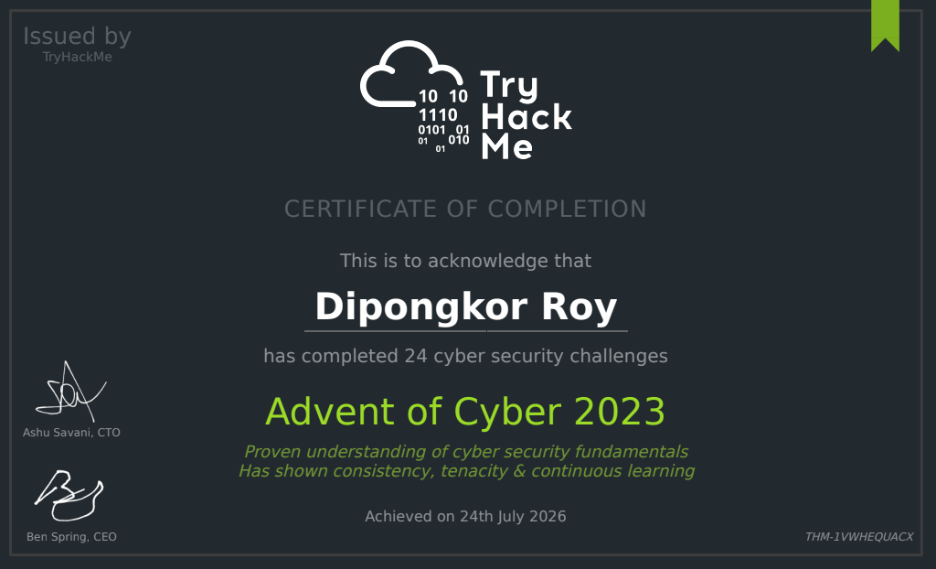 Advent of Cyber 2023 certificate issued by TryHackMe