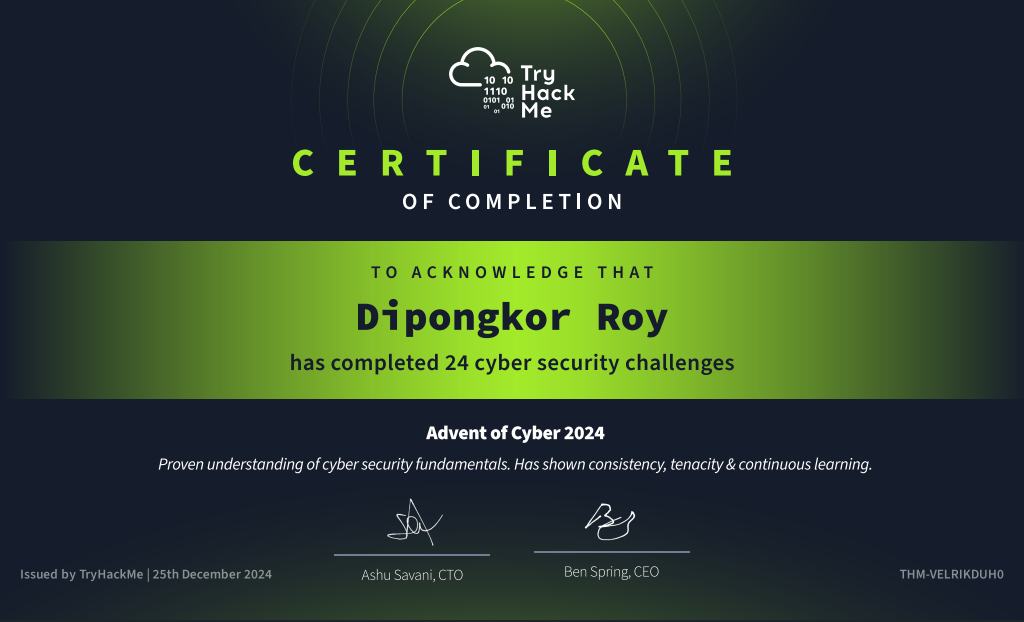Advent of Cyber 2024 certificate issued by TryHackMe