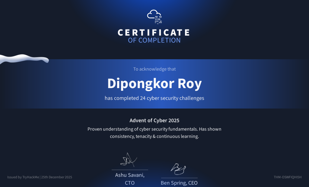 Advent of Cyber 2025 certificate issued by TryHackMe