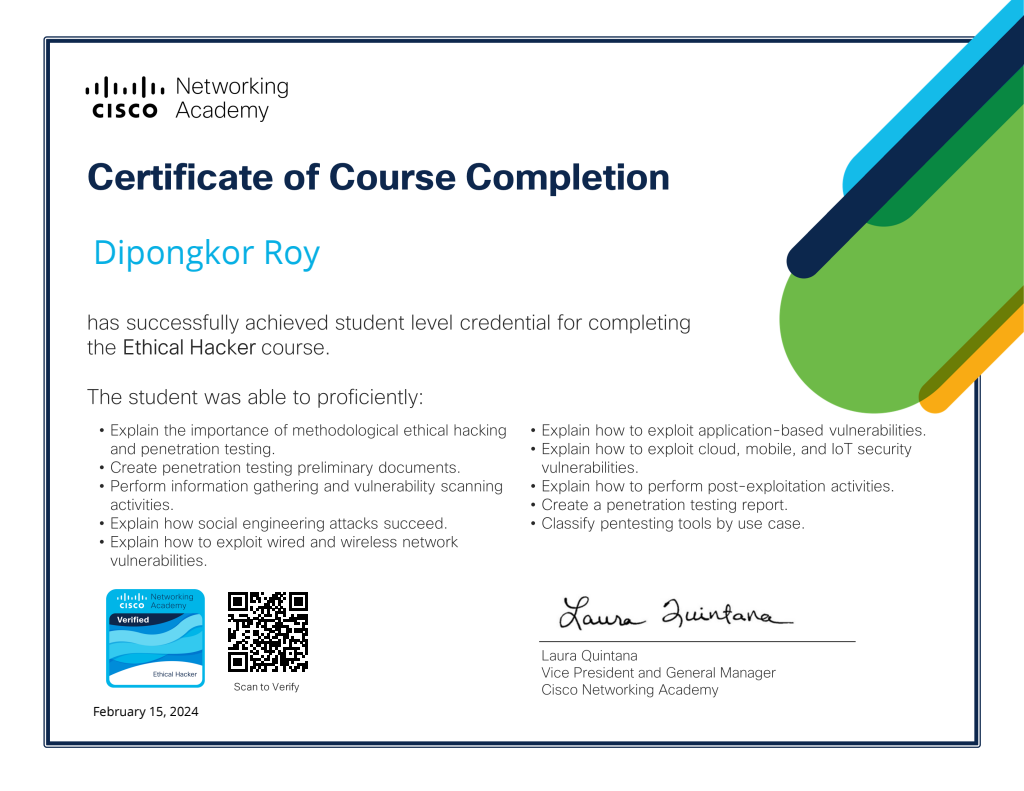 Ethical Hacker certificate issued by Cisco Networking Academy