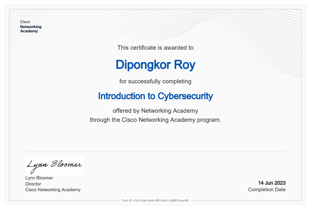 Introduction to Cybersecurity certificate issued by Cisco Networking Academy