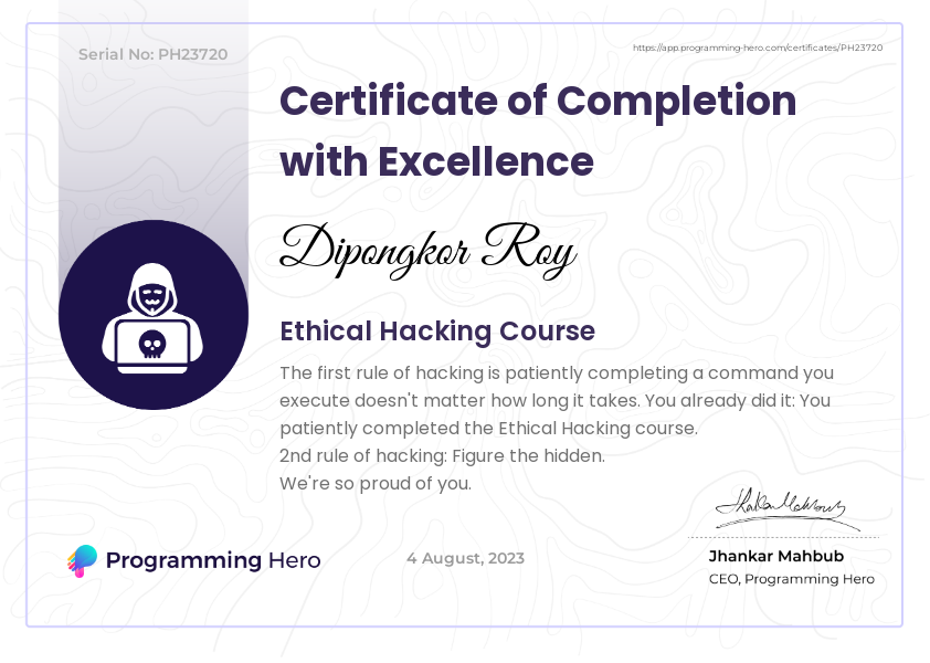 Ethical Hacking Course certificate issued by Programming Hero