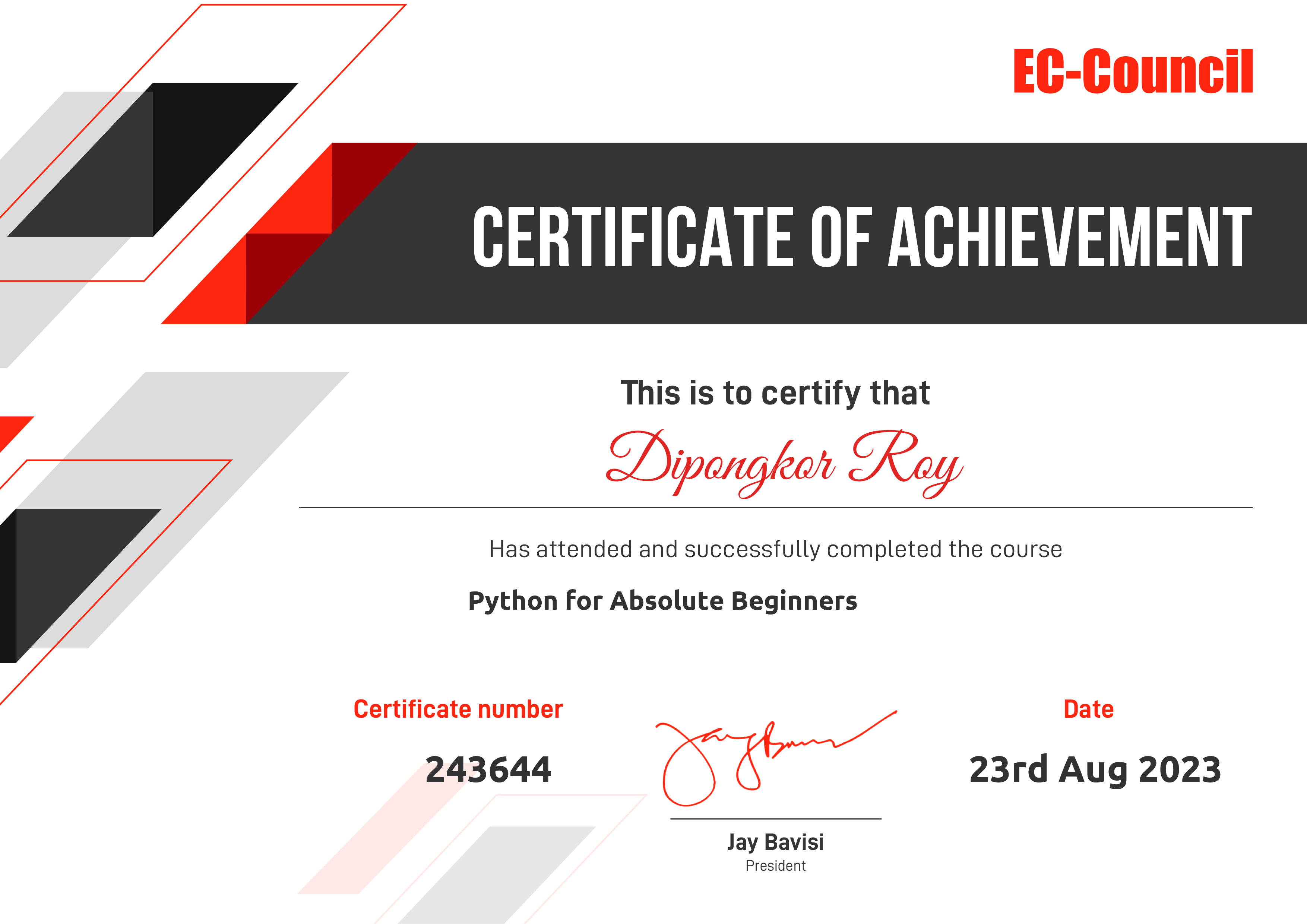 Python for Absolute Beginners certificate issued by EC-Council CodeRed