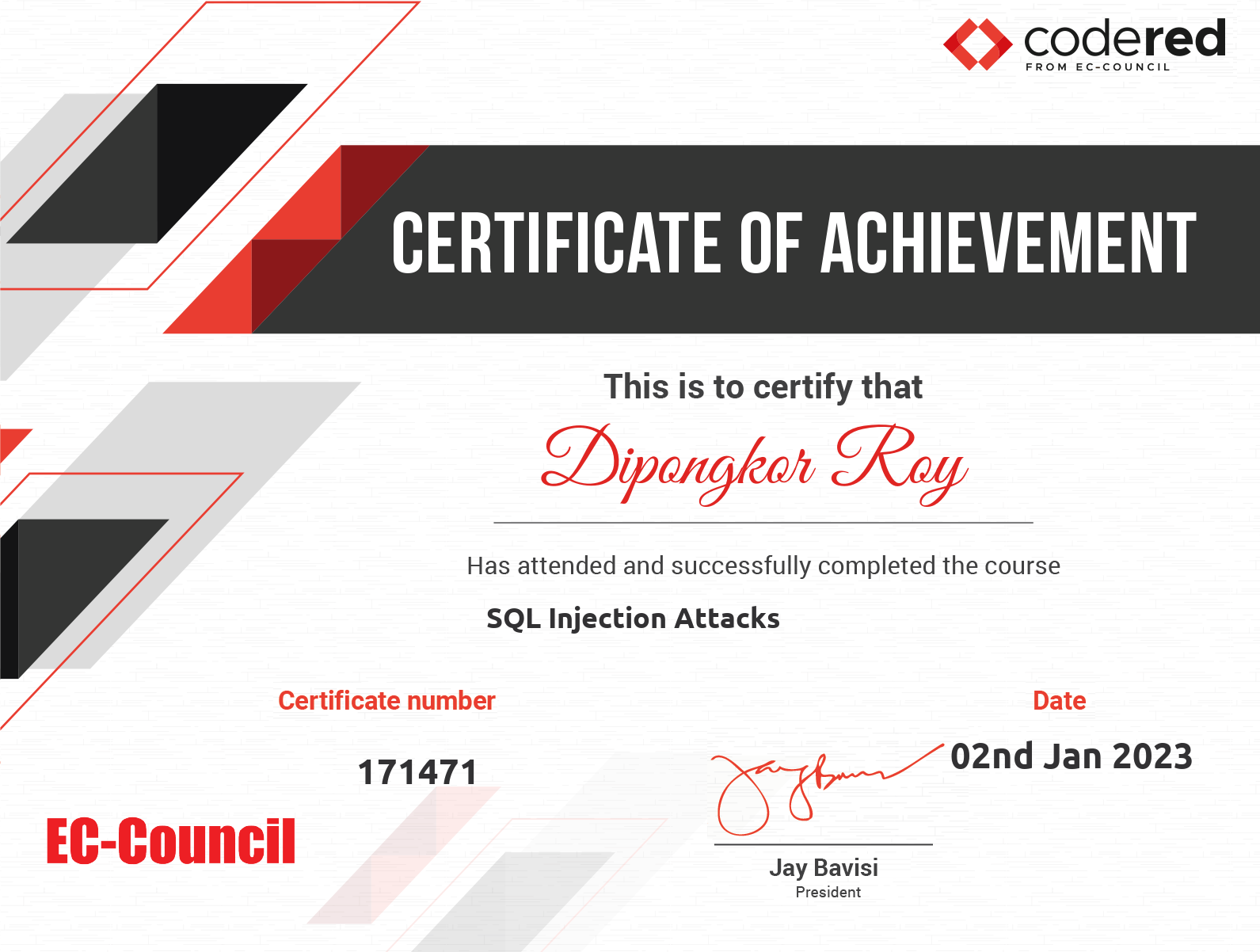 SQL Injection Attacks certificate issued by EC-Council CodeRed