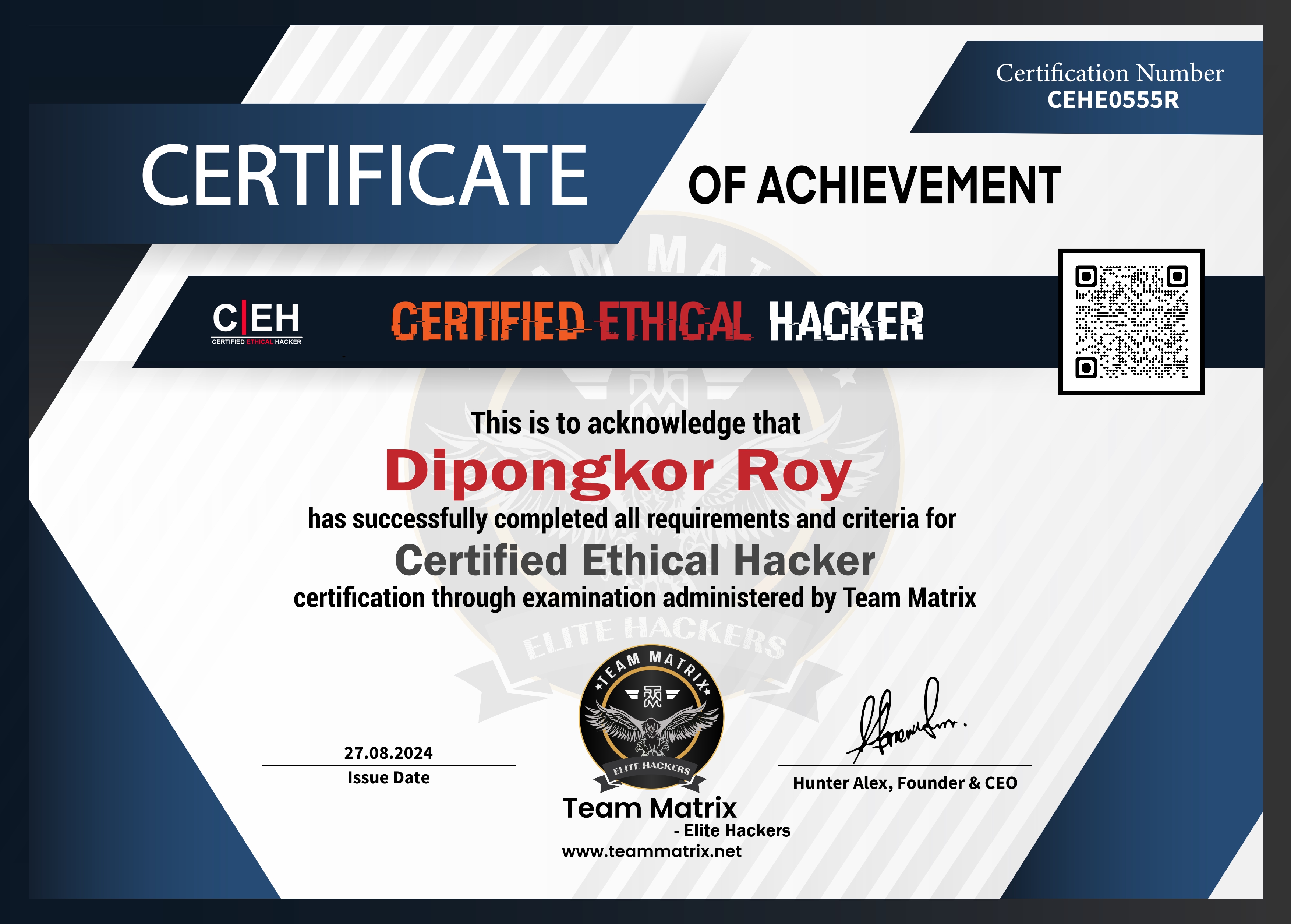 Certified Ethical Hacker (CEH) certificate issued by Team Matrix - Elite Hackers
