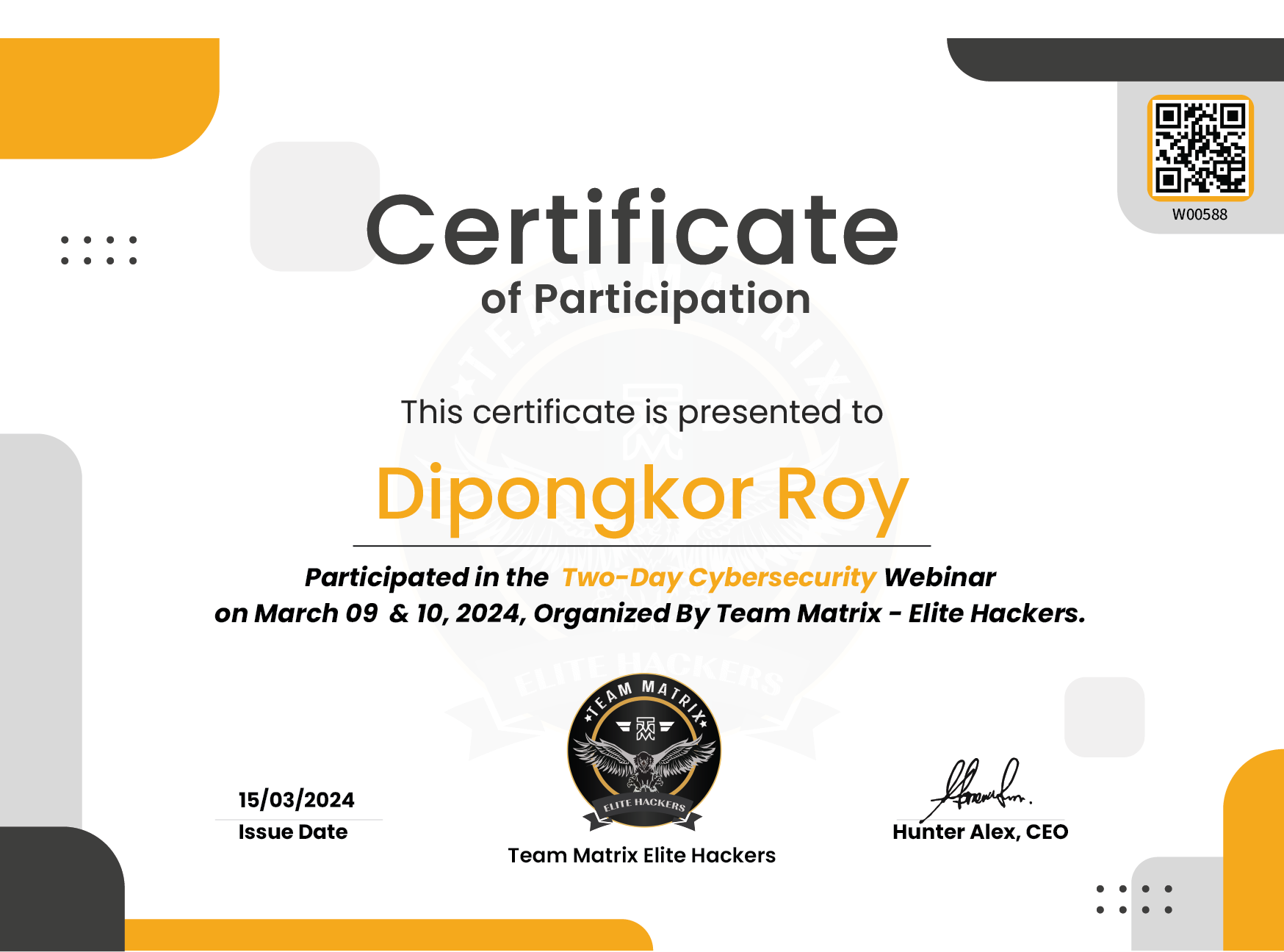 Two-Day Cybersecurity Webinar certificate issued by Team Matrix - Elite Hackers
