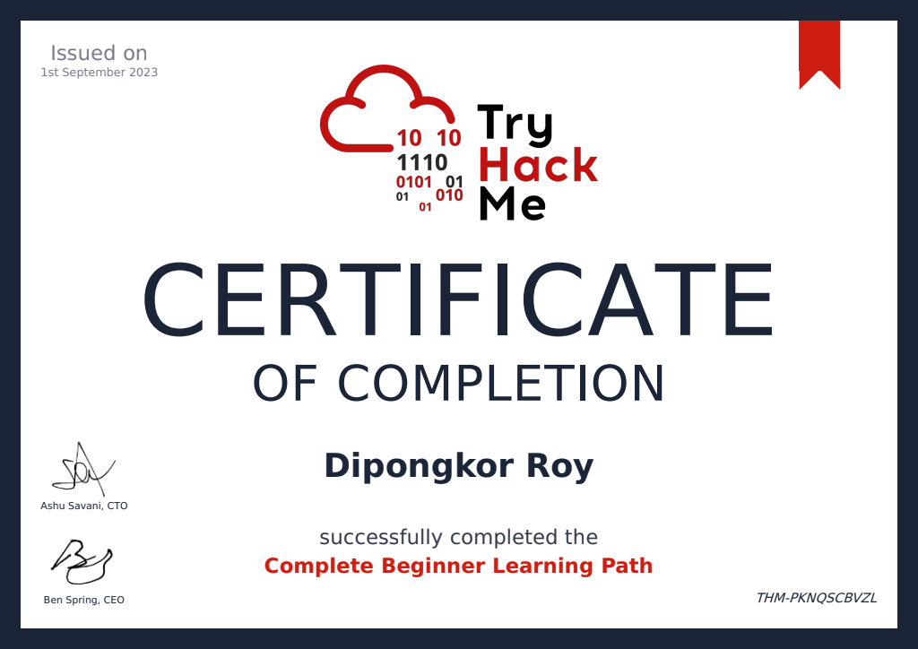 Complete Beginner Learning Path certificate issued by TryHackMe