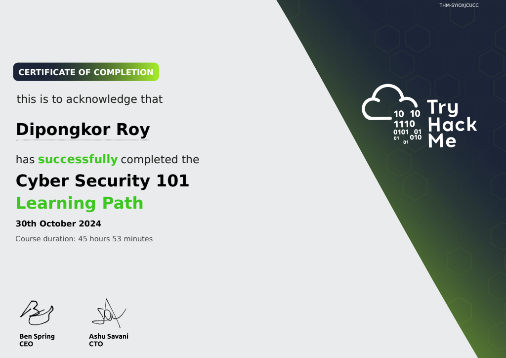 Cyber Security 101 certificate issued by TryHackMe