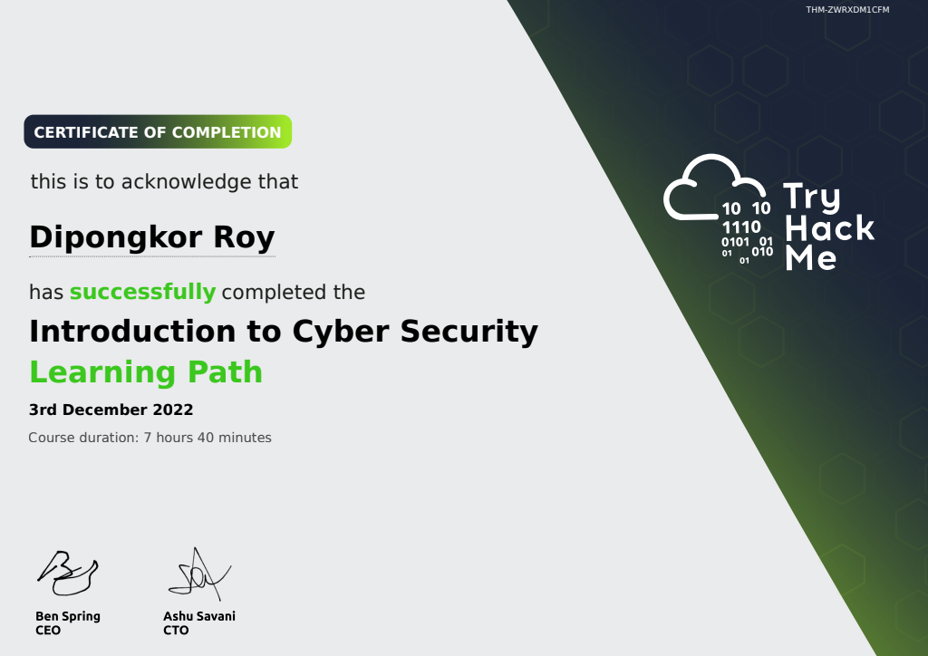 Introduction to Cyber Security Learning Path certificate issued by TryHackMe