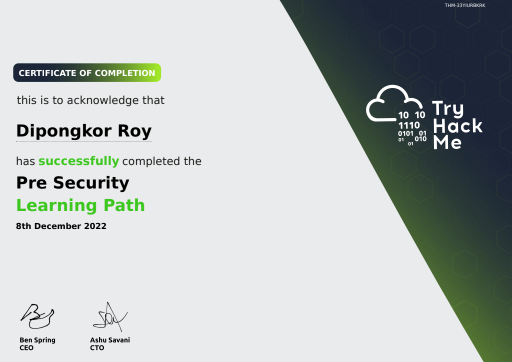 Pre Security Learning Path certificate issued by TryHackMe