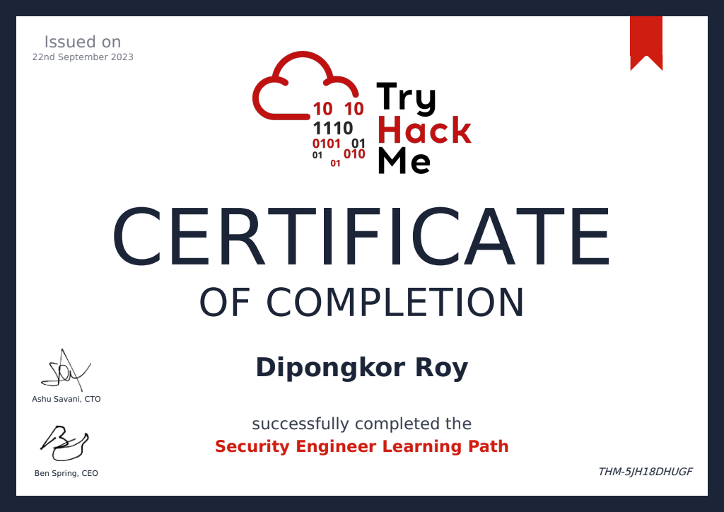 Security Engineer Learning Path certificate issued by TryHackMe