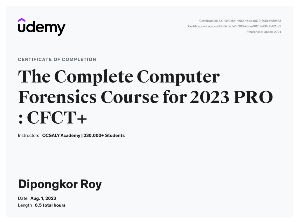 The Complete Computer Forensics Course for 2023 PRO: CFCT+ certificate issued by Udemy