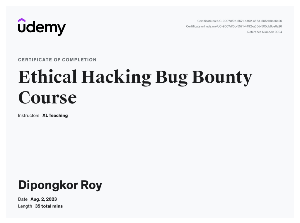 Ethical Hacking & Bug Bounty Course certificate issued by Udemy