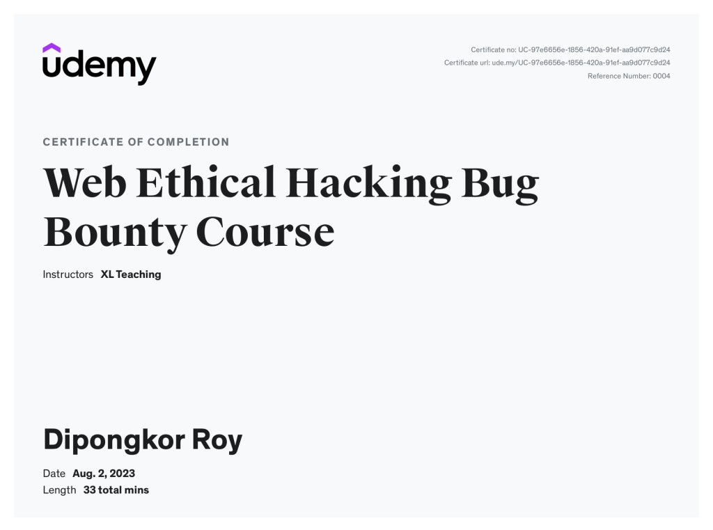 Web Ethical Hacking & Bug Bounty Course certificate issued by Udemy